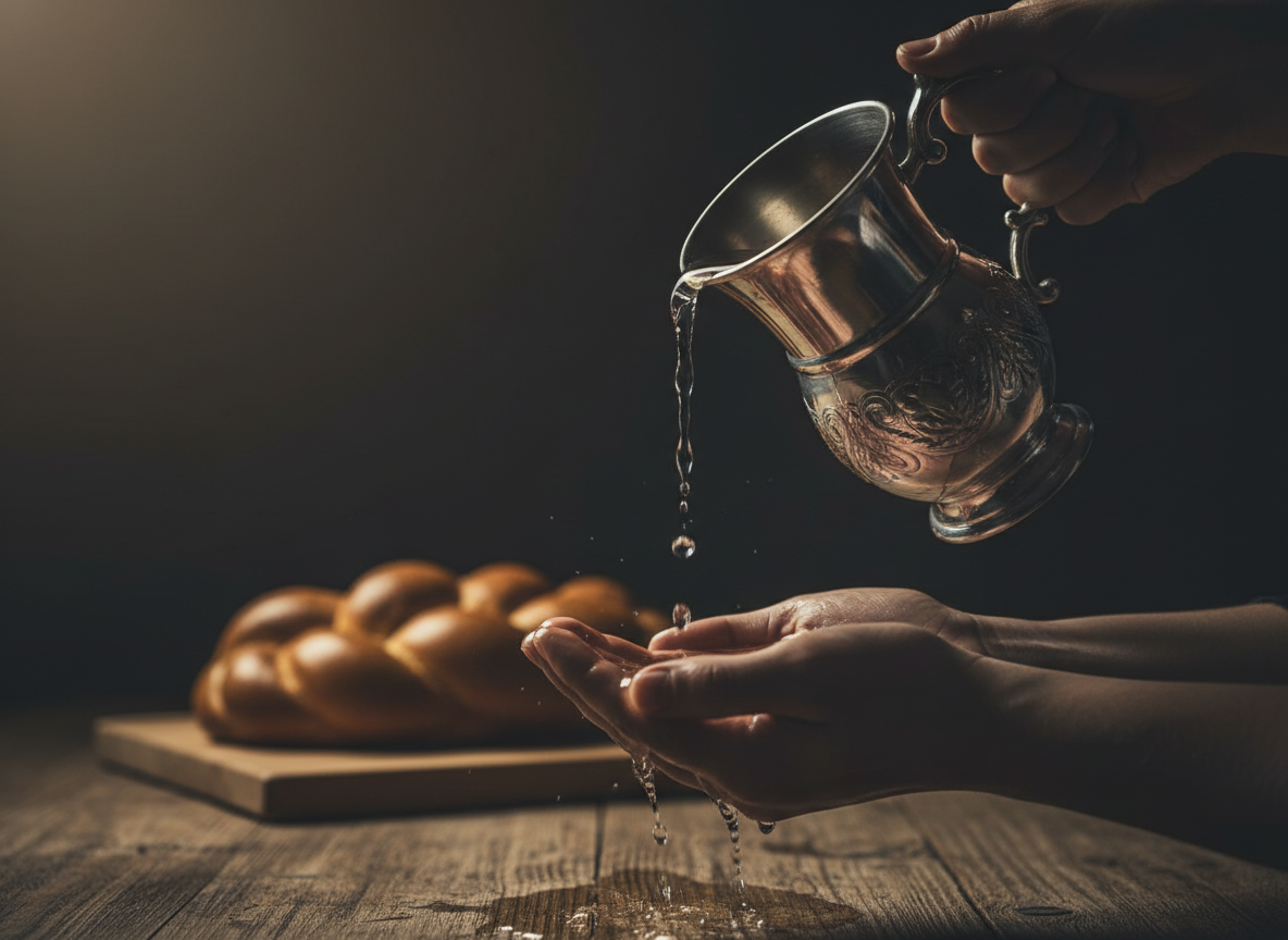 A dramatic, cinematic close-up of a traditional Jewish two-handled silver natla (ritual washing cup) with water being poured over hands, a braided challah loaf blurred in the background on a wooden table. Deep shadows, sharp metallic highlights, moody Rembrandt-style lighting. Highly detailed, photorealistic, dark and sacred atmosphere.