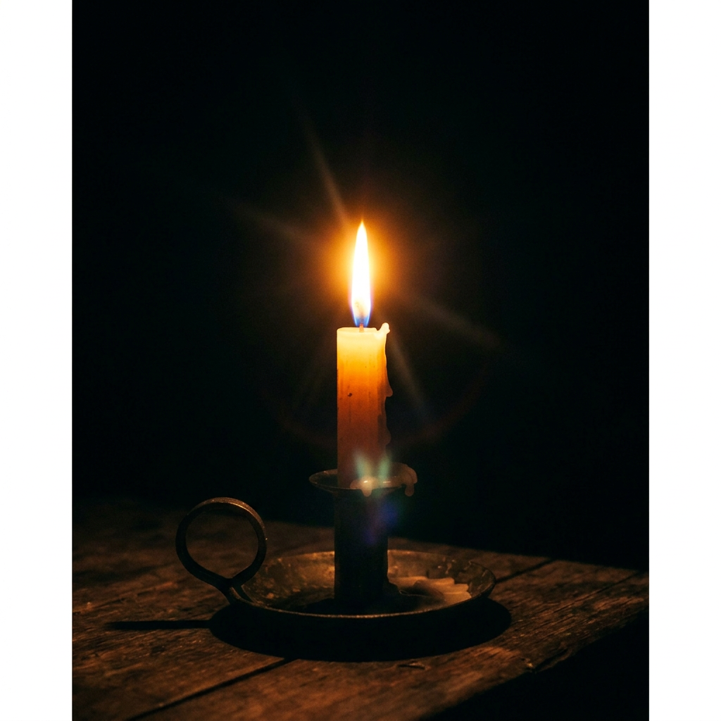 Lit candle in a holder on a wooden table at night